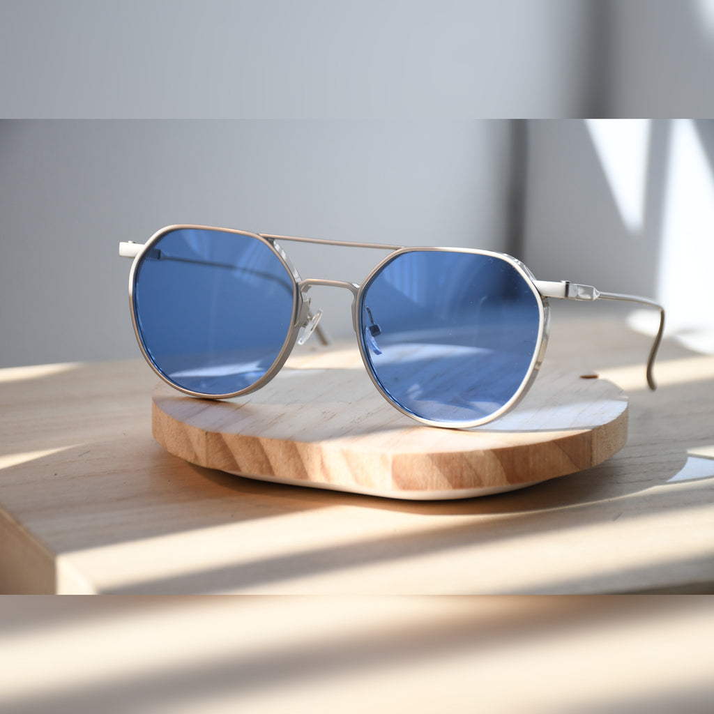 Stockholm Aviator Sunglasses — Matte Silver & Sky Blue