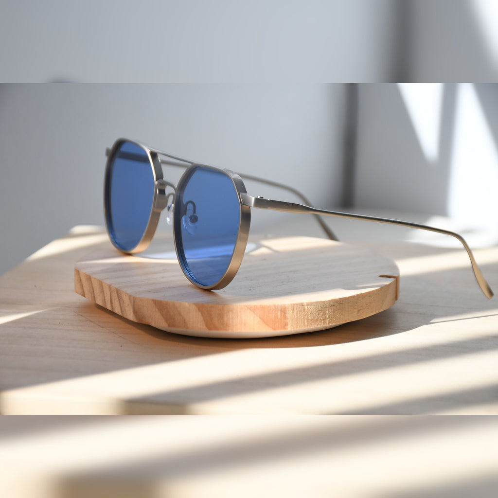 Stockholm Aviator Sunglasses — Matte Silver & Sky Blue