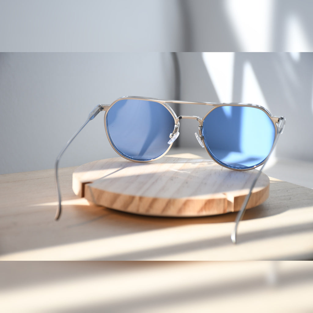 Stockholm Aviator Sunglasses — Matte Silver & Sky Blue